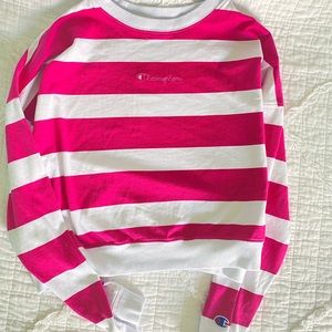 Champion , medium, long sleeved hot pink thick striped lightly cropped top.